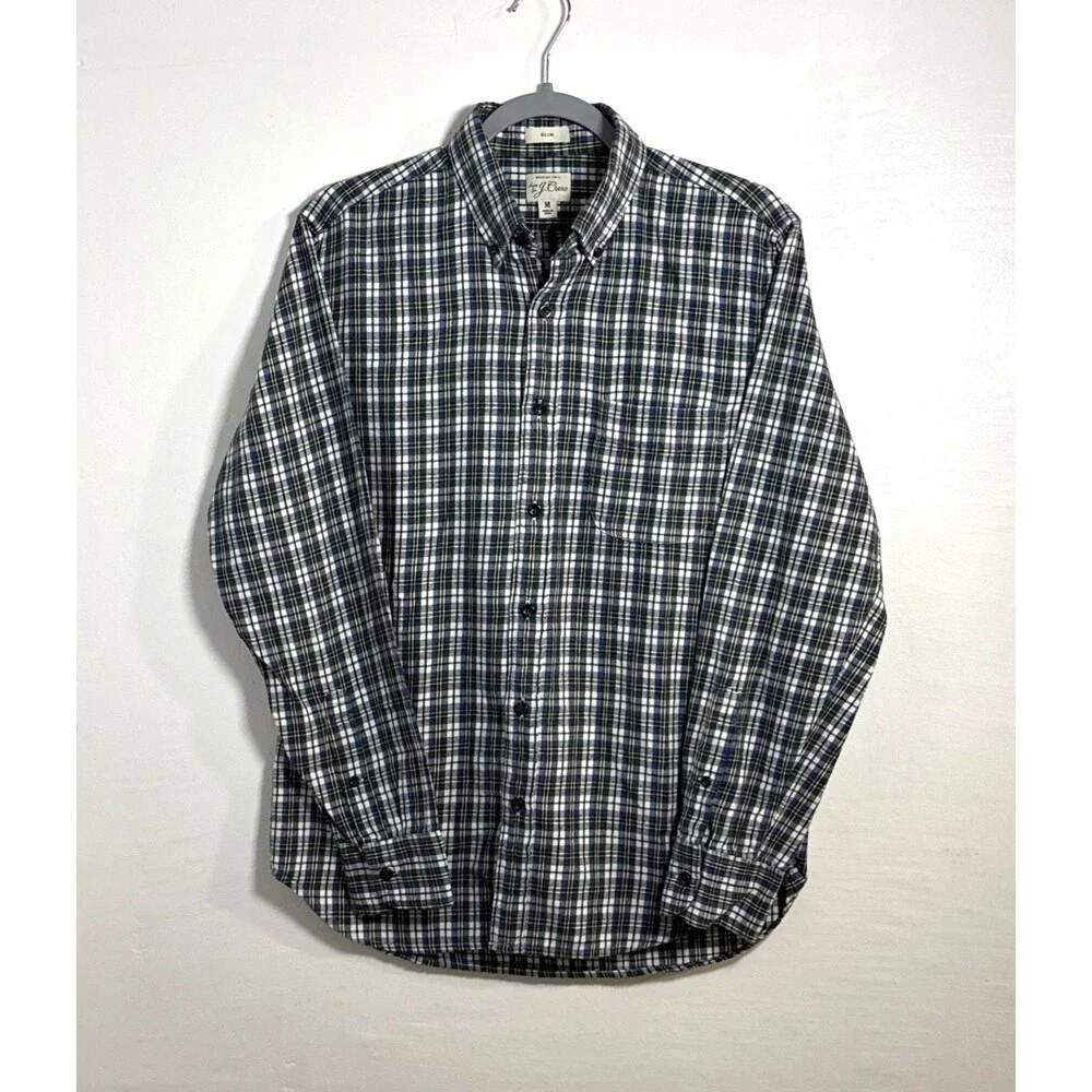 J.Crew Mens Flannel Blue Green White Plaid Long Sleeve Shirt Botton Down Size M